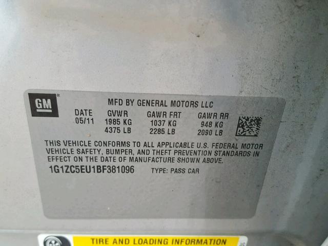1G1ZC5EU1BF381096 - 2011 CHEVROLET MALIBU 1LT SILVER photo 10