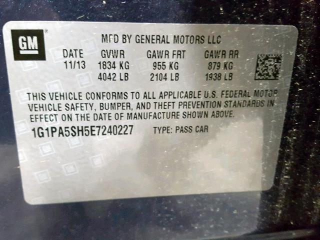 1G1PA5SH5E7240227 - 2014 CHEVROLET CRUZE LS BLUE photo 10