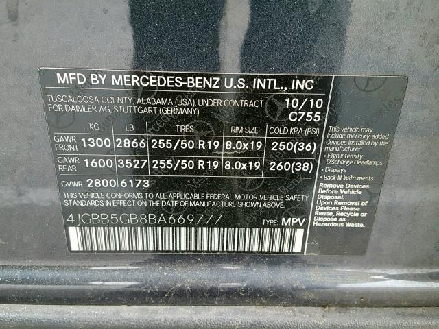 4JGBB5GB8BA669777 - 2011 MERCEDES-BENZ ML 350 GRAY photo 10