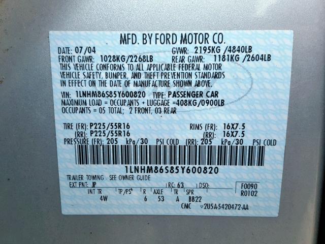 1LNHM86S85Y600820 - 2005 LINCOLN LS SILVER photo 10