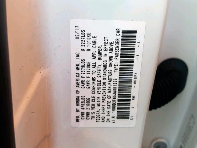 19UUB3F65JA001358 - 2018 ACURA TLX TECH+A WHITE photo 10