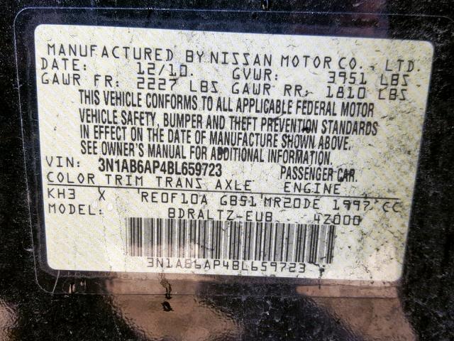 3N1AB6AP4BL659723 - 2011 NISSAN SENTRA 2.0 BLACK photo 10