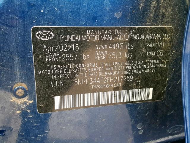 5NPE34AF2FH217259 - 2015 HYUNDAI SONATA SPO BLUE photo 10