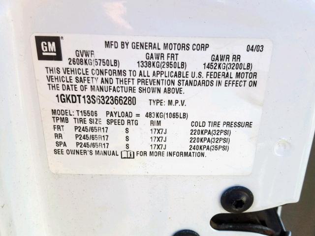 1GKDT13S632366280 - 2003 GMC ENVOY WHITE photo 10