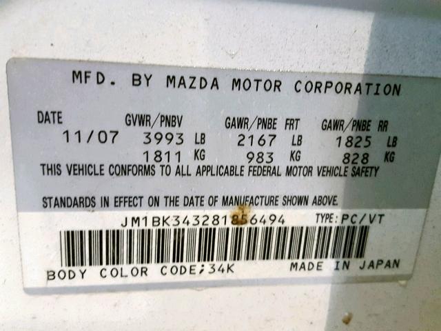 JM1BK343281856494 - 2008 MAZDA 3 HATCHBAC WHITE photo 10