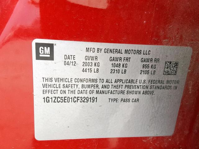 1G1ZC5E01CF329191 - 2012 CHEVROLET MALIBU 1LT RED photo 10