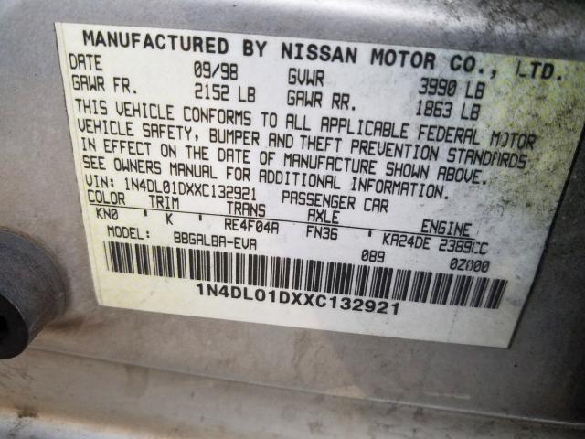 1N4DL01DXXC132921 - 1999 NISSAN ALTIMA XE GRAY photo 10