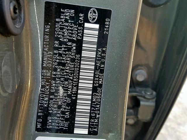 4T1BK1EB5DU030236 - 2013 TOYOTA AVALON BAS Сұр фото 10