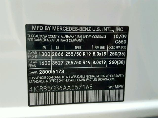 4JGBB5GB6AA557168 - 2010 MERCEDES-BENZ ML 350 WHITE photo 10