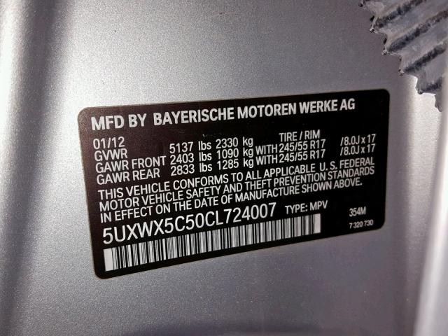 5UXWX5C50CL724007 - 2012 BMW X3 XDRIVE2 SILVER photo 10