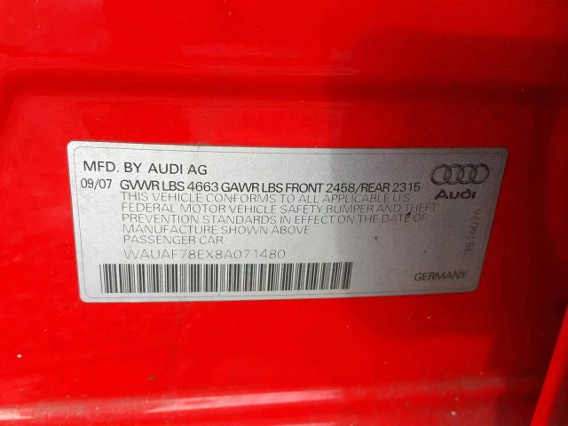 WAUAF78EX8A071480 - 2008 AUDI A4 2.0T RED photo 10