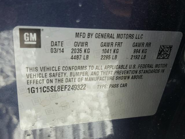 1G11C5SL8EF249322 - 2014 CHEVROLET MALIBU 1LT ლურჯი ფოტო 10