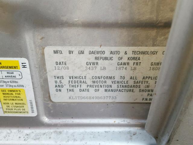 KL1TD66E49B637733 - 2009 CHEVROLET AVEO LS GRAY photo 10