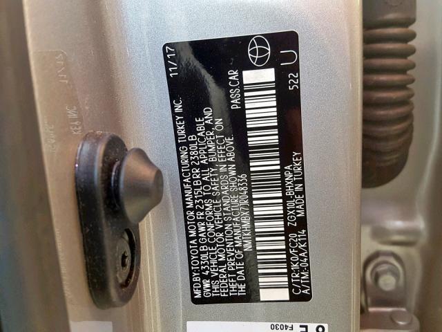 NMTKHMBX7JR048336 - 2018 TOYOTA C-HR XLE SILVER photo 10