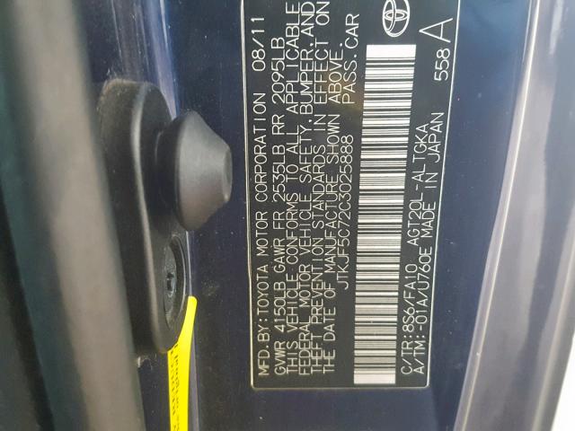 JTKJF5C72C3025888 - 2012 TOYOTA SCION TC ლურჯი ფოტო 10