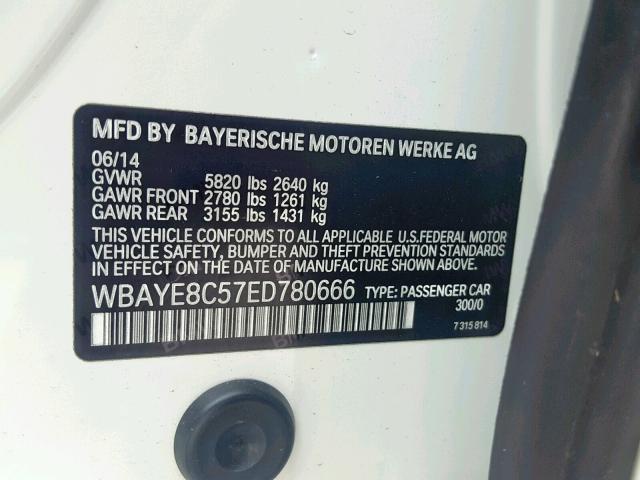 WBAYE8C57ED780666 - 2014 BMW 750 LI WHITE photo 10