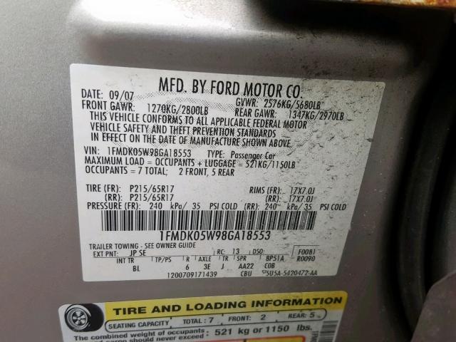 1FMDK05W98GA18553 - 2008 FORD TAURUS X S GRAY photo 10