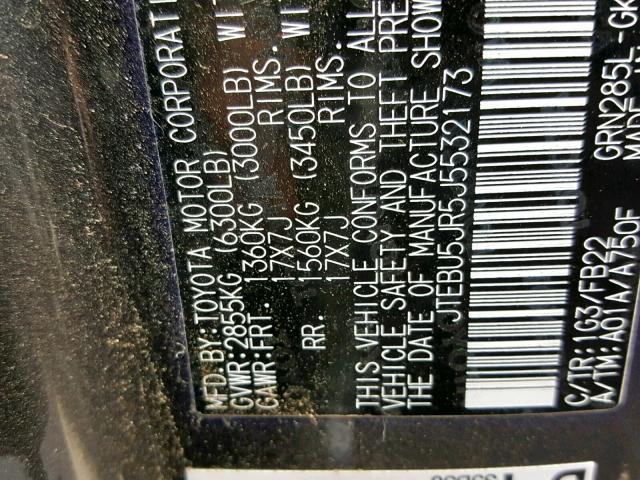 JTEBU5JR5J5532173 - 2018 TOYOTA 4RUNNER SR GRAY photo 10