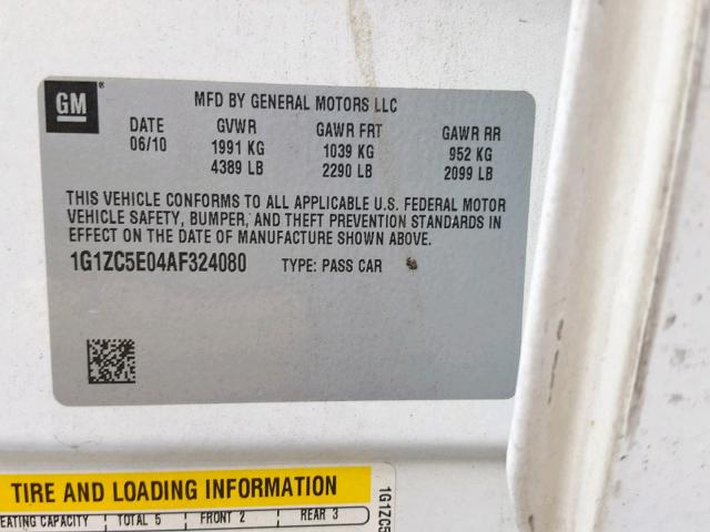 1G1ZC5E04AF324080 - 2010 CHEVROLET MALIBU 1LT WHITE photo 10