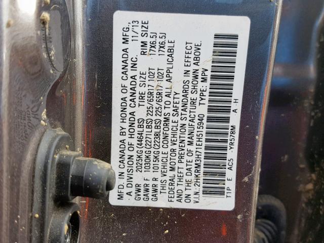 2HKRM3H71EH515940 - 2014 HONDA CR-V EXL BROWN photo 10