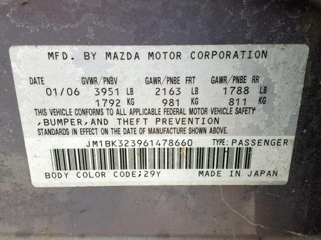 JM1BK323961478660 - 2006 MAZDA 3 S GRAY photo 10