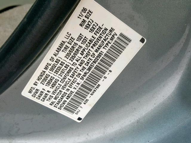 5FNRL38657B025951 - 2007 HONDA ODYSSEY EX SILVER photo 10