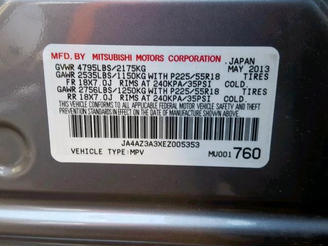 JA4AZ3A3XEZ005353 - 2014 MITSUBISHI OUTLANDER GRAY photo 10