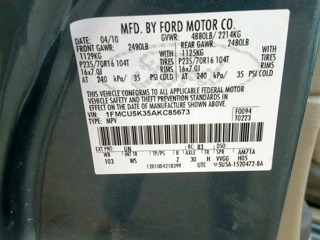 1FMCU5K35AKC85673 - 2010 FORD ESCAPE HYB GRAY photo 10