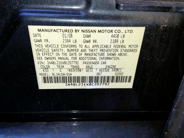 1N4BL21EX8C207792 - 2008 NISSAN ALTIMA 3.5 GRAY photo 10