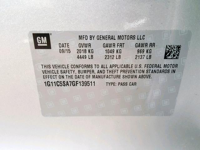 1G11C5SA7GF139511 - 2016 CHEVROLET MALIBU LIM 银色 照片 10