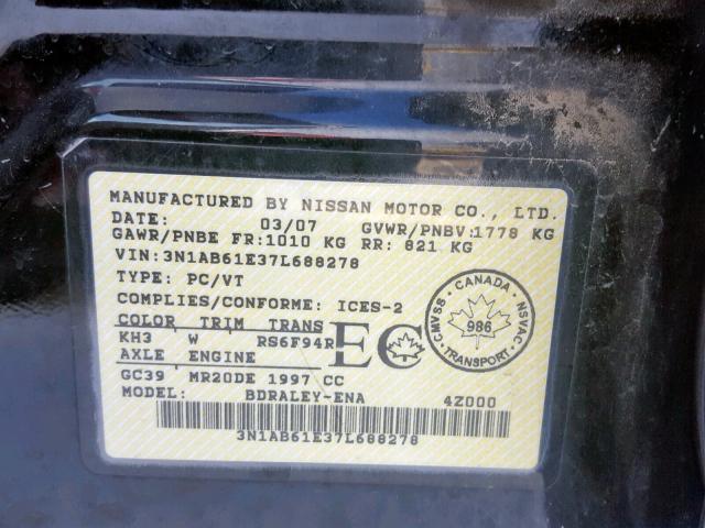 3N1AB61E37L688278 - 2007 NISSAN SENTRA 2.0 BLACK photo 10