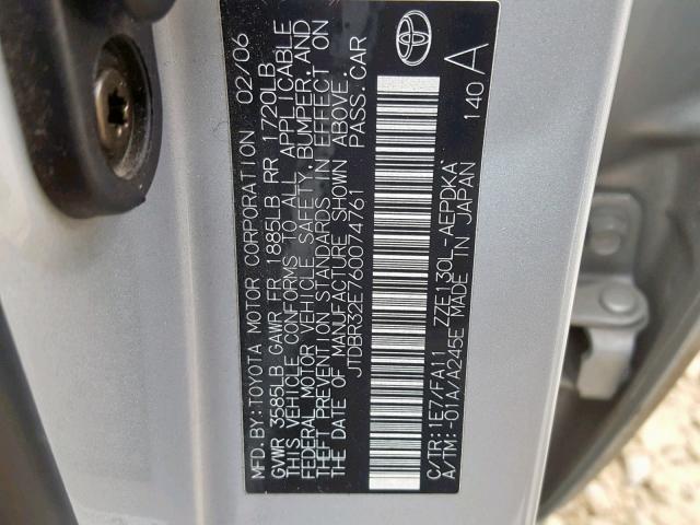 JTDBR32E760074761 - 2006 TOYOTA COROLLA CE SILVER photo 10