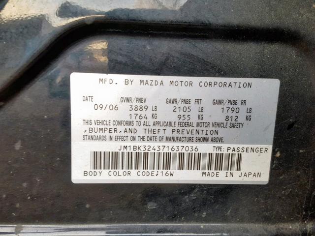 JM1BK324371637036 - 2007 MAZDA 3 S BLACK photo 10