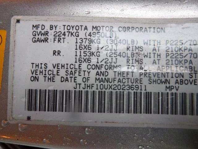 JTJHF10UX20236911 - 2002 LEXUS RX 300 SILVER photo 10