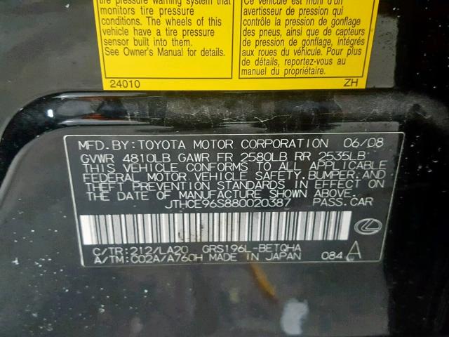 JTHCE96S880020387 - 2008 LEXUS GS 350 BLACK photo 10