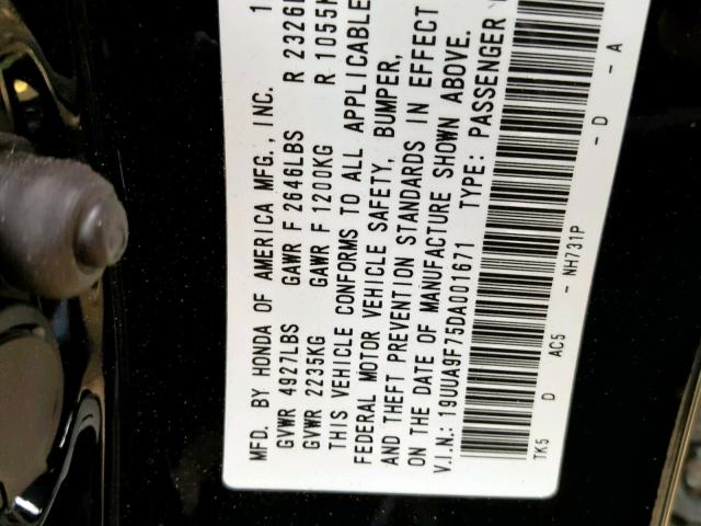 19UUA9F75DA001671 - 2013 ACURA TL ADVANCE BLACK photo 10