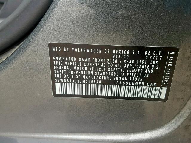 3VWDB7AJ8JM226648 - 2018 VOLKSWAGEN JETTA SE CHARCOAL photo 10