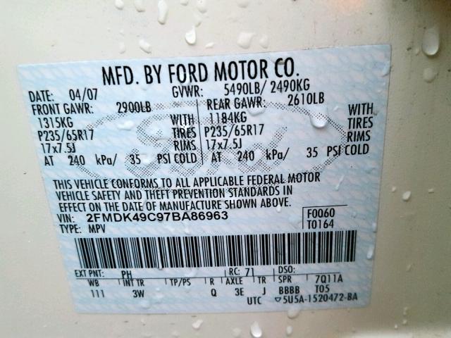 2FMDK49C97BA86963 - 2007 FORD EDGE SEL P WHITE photo 10