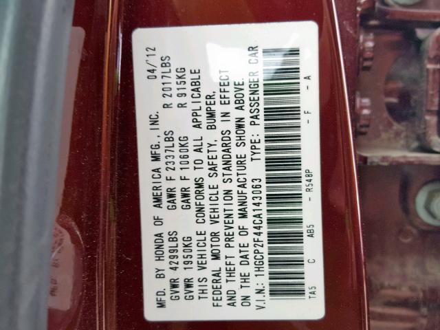 1HGCP2F44CA143063 - 2012 HONDA ACCORD LXP MAROON photo 10