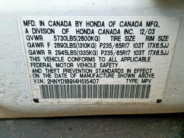 2HNYD18914H515407 - 2004 ACURA MDX TOURIN WHITE photo 10