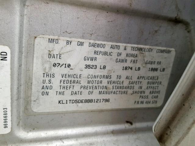 KL1TD5DE8BB121796 - 2011 CHEVROLET AVEO LS SILVER photo 10