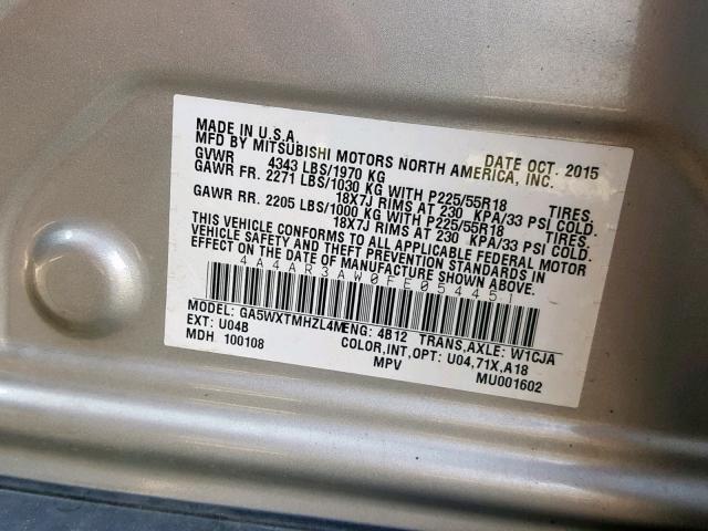 4A4AR3AW0FE054451 - 2015 MITSUBISHI OUTLANDER SILVER photo 10