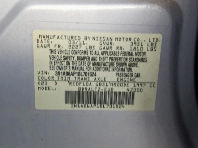 3N1AB6AP1BL701524 - 2011 NISSAN SENTRA 2.0 SILVER photo 10