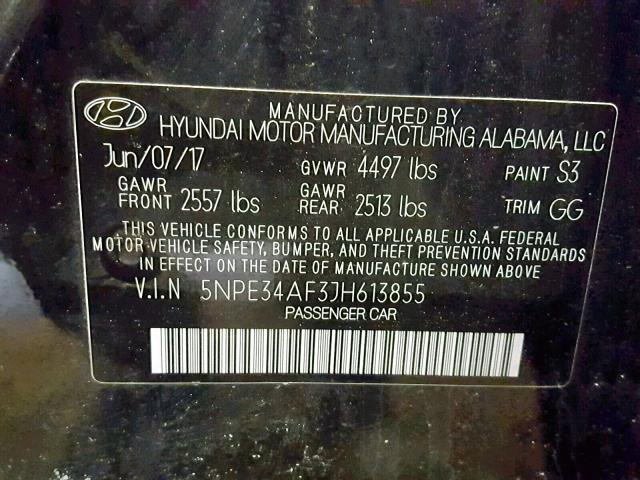 5NPE34AF3JH613855 - 2018 HYUNDAI SONATA SPO BLACK photo 10