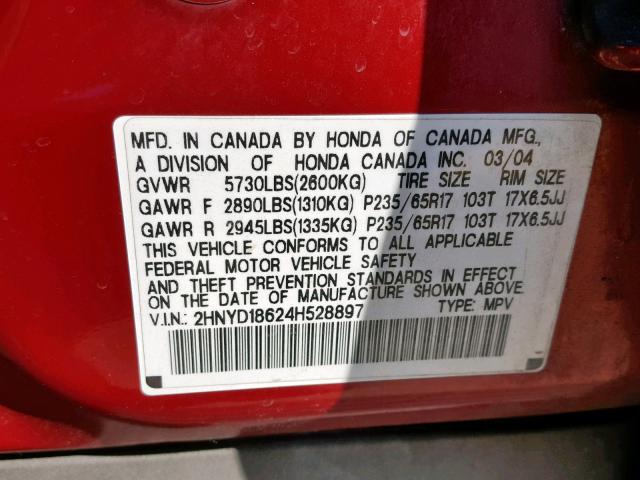 2HNYD18624H528897 - 2004 ACURA MDX TOURIN RED photo 10