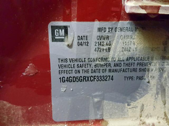 1G4GD5GRXCF333274 - 2012 BUICK LACROSSE P RED photo 10