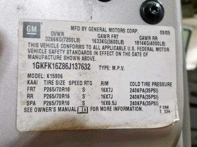 1GKFK16Z86J137632 - 2006 GMC YUKON XL K TAN photo 10