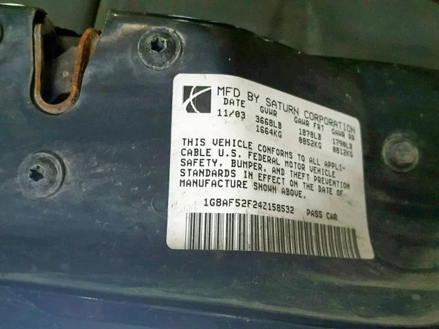 1G8AF52F24Z158532 - 2004 SATURN ION LEVEL BLACK photo 10