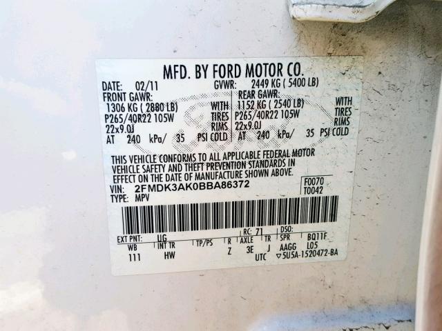 2FMDK3AK0BBA86372 - 2011 FORD EDGE SPORT WHITE photo 10