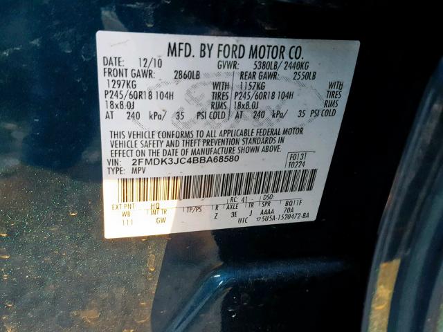 2FMDK3JC4BBA68580 - 2011 FORD EDGE SEL BLUE photo 10